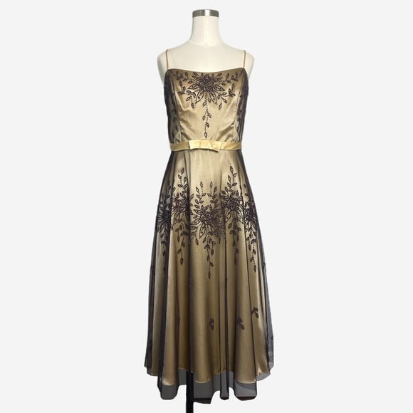 Vintage Dresses & Skirts - Vintage Y2K Dollar Gold satin dress mesh overlay beaded floral bow cocktail M